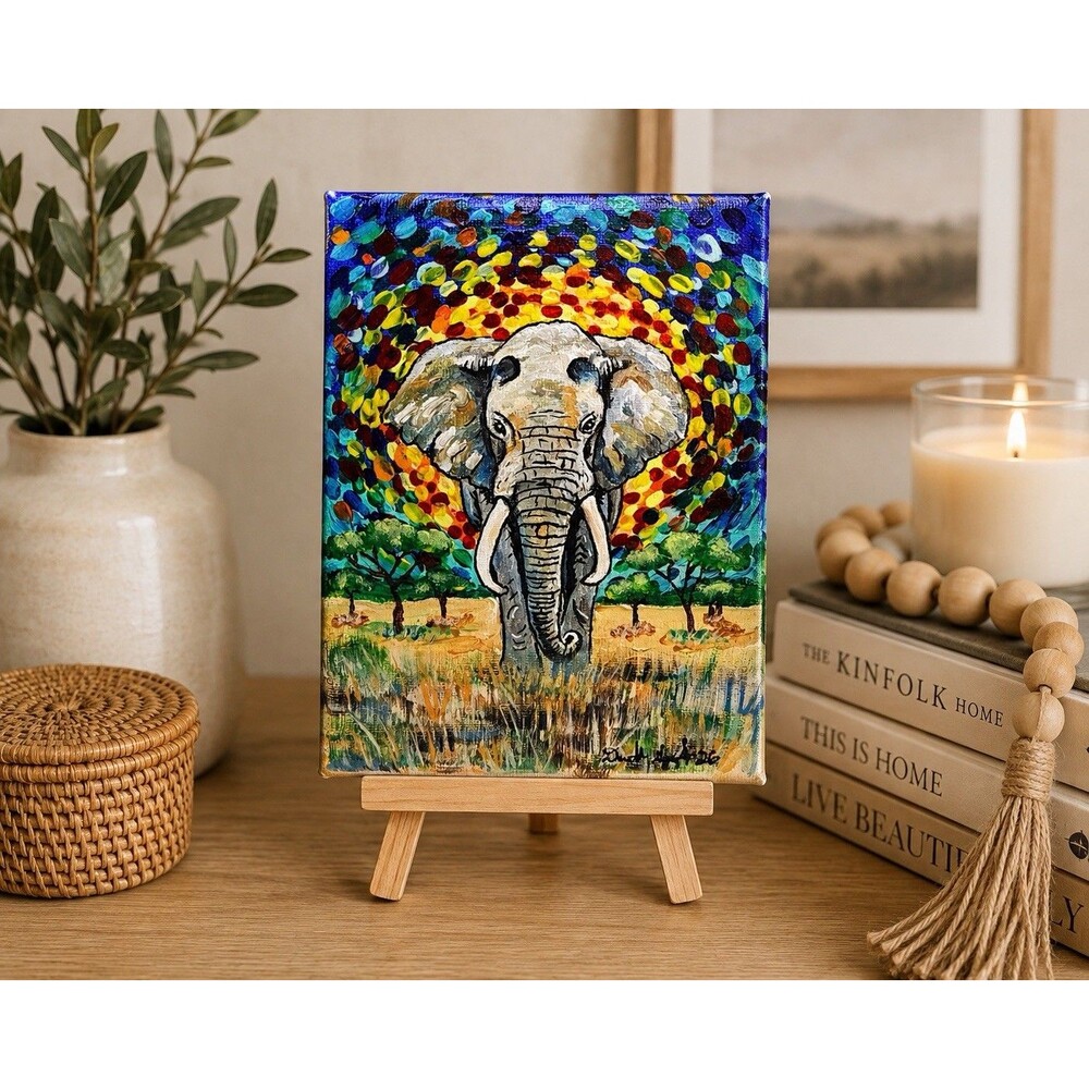 Original Elephant Painting 5x7 African Safari Wildlife Colorful Acrylic Art OOAK